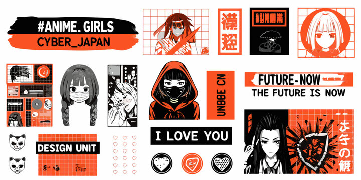 Anime inspired sticker collection featuring cyberpunk and japanese aesthetic elements