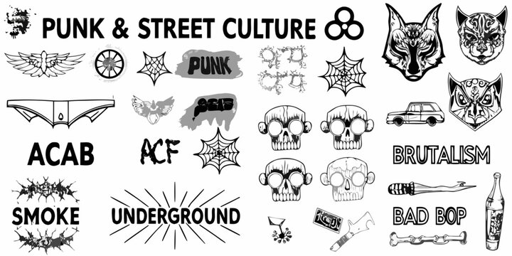 A collection of punk and street culture inspired black and white graphic elements