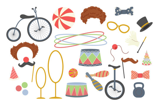Fun circus photo booth props set with clown wig, nose, glasses, and performance equipment. Vector illustration of carnival accessories, unicycle, and magic hat for party decor.