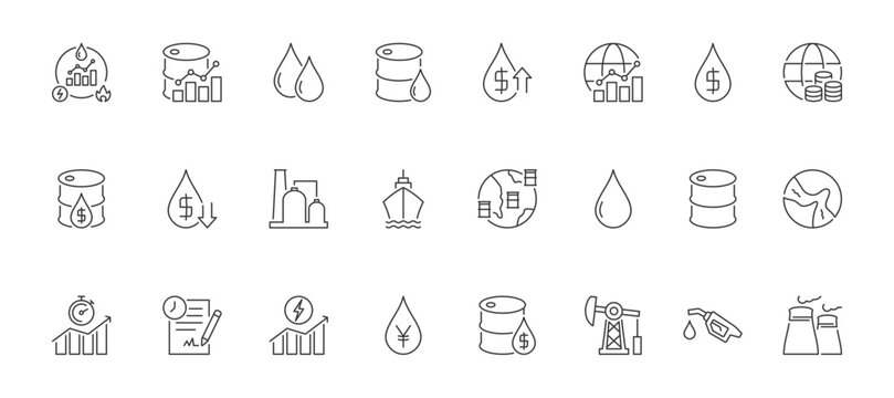 Energy Market Icon Set containing global energy market, oil market, oil, crude oil, price increases, global market, petrodollar, global economy, oil price, refinery, and strait of hormuz vector icons