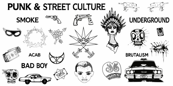 A black and white collage representing punk and street culture aesthetics