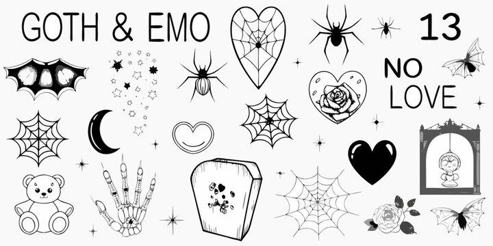 Goth and emo themed sticker set with spiders hearts and dark imagery