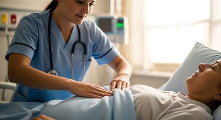 Fototapeta premium A nurse in a hospital room gently touches a patient's abdomen while she lies on the bed.