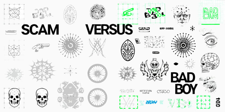 Collage of graphic elements text and illustrations in black and white