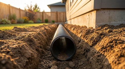 Black corrugated drainage pipe in a soil trench next to a house foundation for home improvement and landscaping.