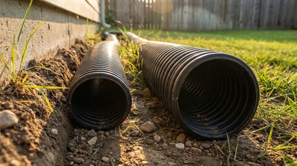 Two black corrugated drainage pipes in a dirt trench next to a house foundation for garden landscaping and home improvement.