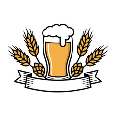 Beer glass with wheat stalks and a banner creates a rustic brewery label design. © zain