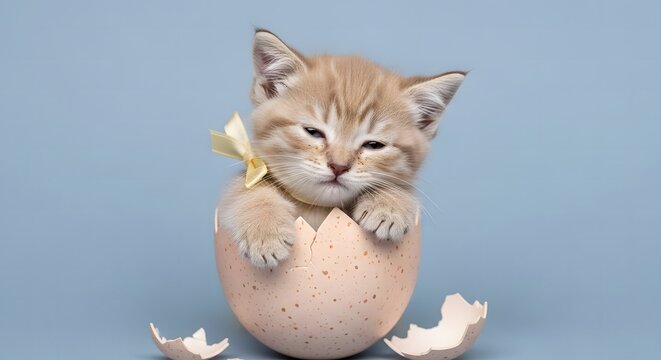 Adorable ginger kitten peeking out of a cracked easter egg with a yellow bow.