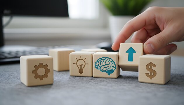 Hand placing wooden block with blue upward arrow on desk with other blocks