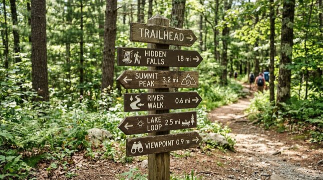 Forest Trailhead Signpost with Multiple Hiking Path Directions