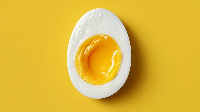 Sliced hard-boiled egg with bright yellow yolk on a vibrant yellow background, showcasing the smooth white egg white and rich color contrast