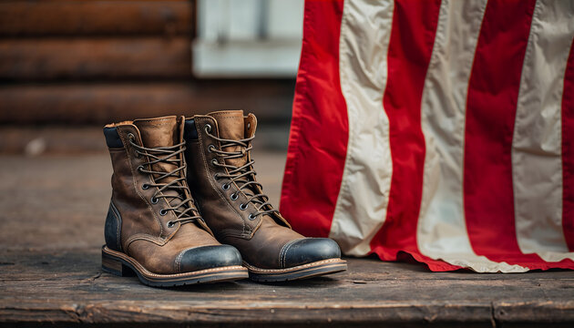 pair of worn work boots on wooden porch with juneteenth flag