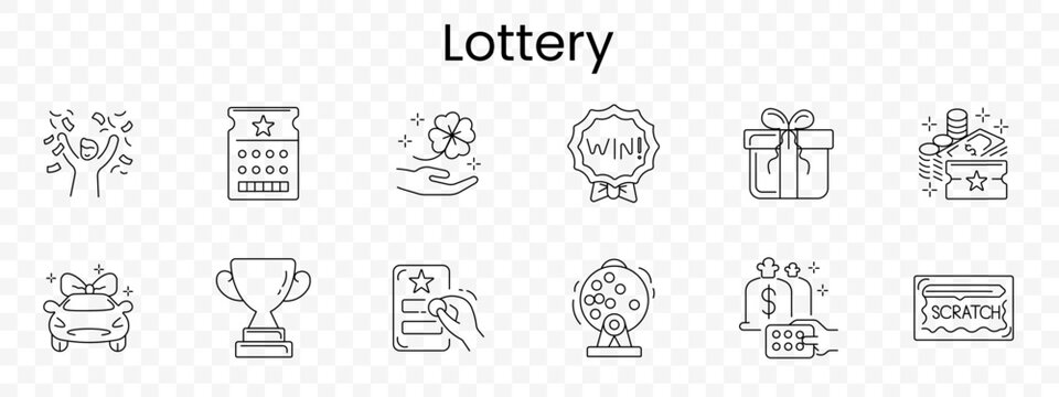 Lottery set icon. Outline gambling prizes, cheering figure, ticket stub, lucky clover hand, win badge, gift box, cash stack, money bag, trophy, card stamp, raffle drum, receipt, scratch card