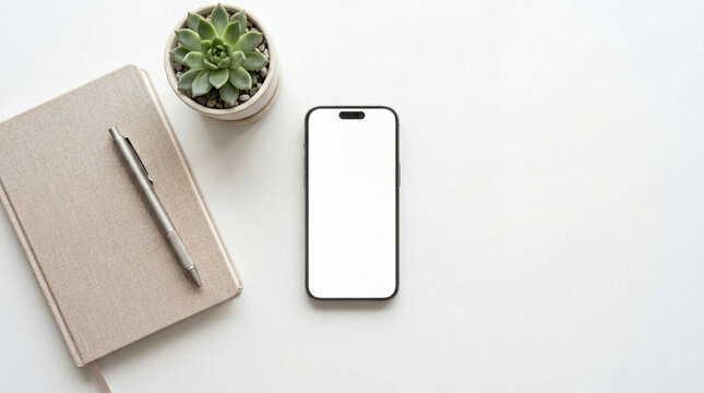 Top view flat lay of a clean minimalist workspace featuring a blank smartphone mockup screen, a beige notebook, a silver pen, and a potted succulent plant on a white desk.