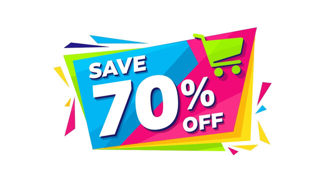 Save 70% Off Sale Banner with Shopping Cart Icon - Vibrant Geometric Design