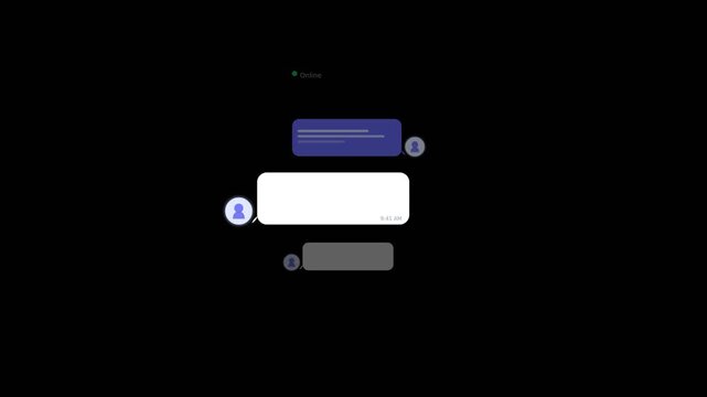 Smooth animation of text chat bubbles appearing on a black background with typing indicators and timestamps for communication apps.