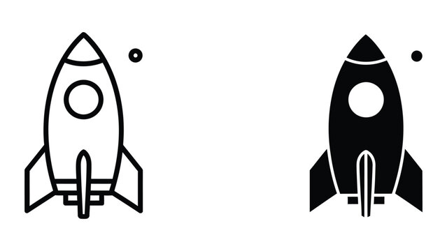 Contrast between a white line drawing rocket and a black filled rocket in space