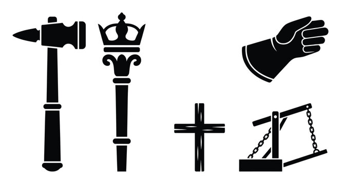 Collection of historical power symbols including hammer scepter gauntlet cross and portcullis providing diverse graphic elements for various design projects and educational materials