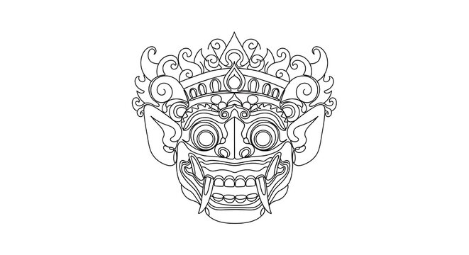 Barong Mask Line Art Illustration Traditional Balinese Demon Spirit