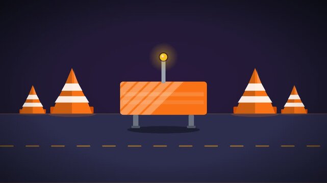 Night scene animation featuring traffic cones and a flashing construction barrier on a road representing active maintenance and detours.