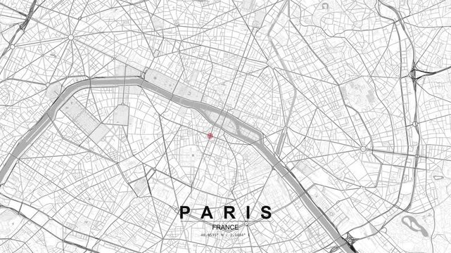 Black and white detailed map of Paris with a red location pin near the Seine River, showing dense street network, bridges, and urban layout from above