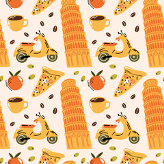 Italian Summer vector seamless pattern with illustration of pizza, coffee, retro scooter and tower Pisa in playful cartoon funky groovy doodle style for travel or food blog  © WeirdyTales