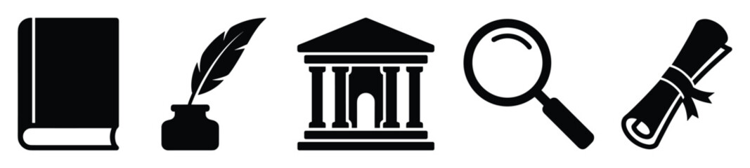 Obraz premium Versatile collection of knowledge, history, law, research, and academic achievement icons, ideal for educational content, scholarly presentations, and legal designs.