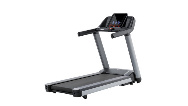 Modern gray treadmill with digital display and handrails