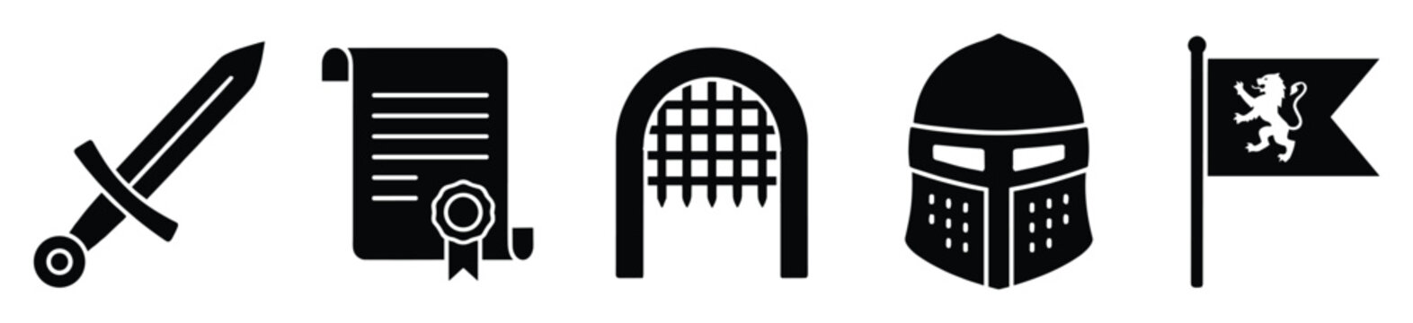 Collection of black medieval themed icons including sword scroll portcullis knight helmet and flag with lion symbol perfect for historical game design or fantasy graphic elements