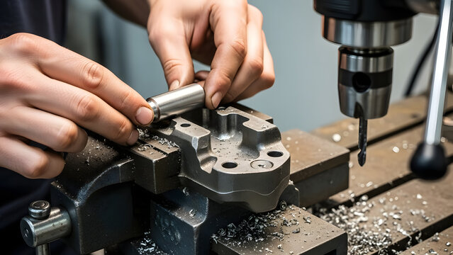 Machinist preparing metal component for drilling on a milling machine.