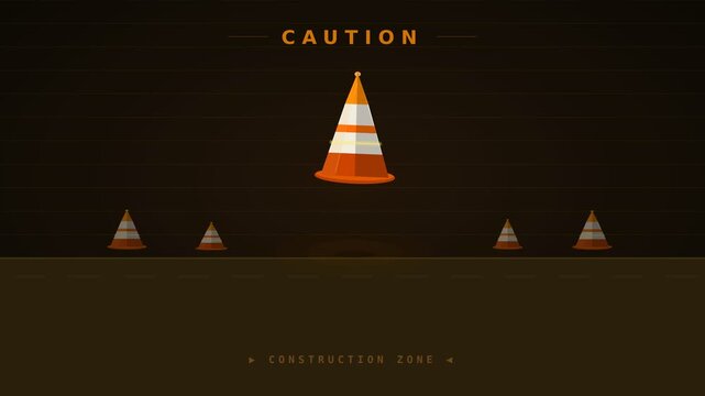 Animated traffic cone bouncing in a designated construction zone under a caution header on a dark professional high-tech background.