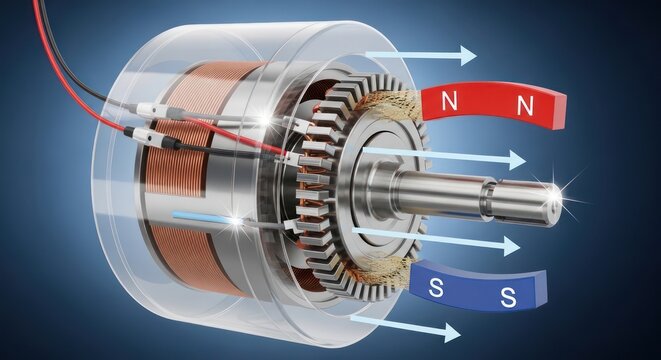 Detailed Cutaway Illustration of Electric Motor Internal Components.