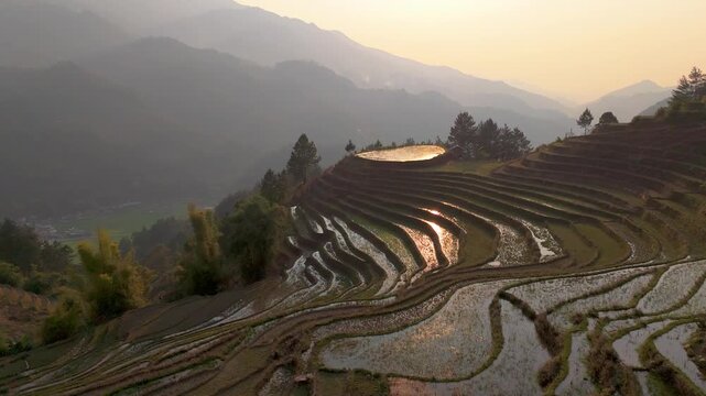 Layers of Vietnam hillside terraced into pattern water filled colourful brown rice paddies, prior to growing season. Patterns reflecting golden sun.