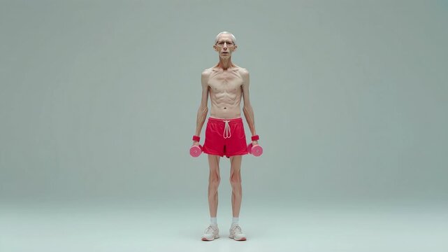 One skinny elderly man lifting pink dumbbells front view surreal