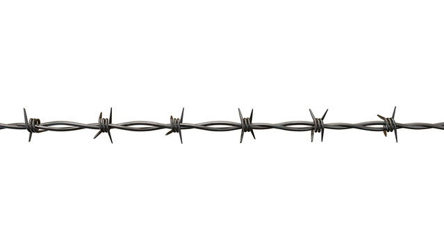Horizontal row of metallic barbed wire fence with protective spikes isolated on transparent background for security concepts and defensive design.
