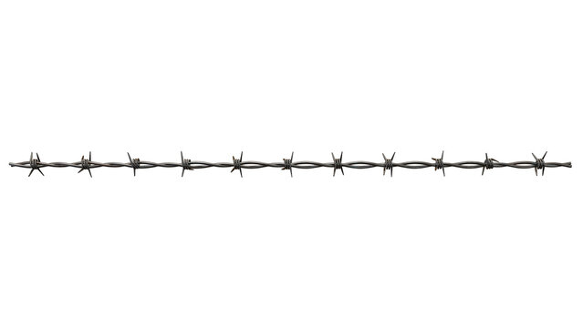 Long segment of realistic steel barbed wire with sharp metal thorns isolated on transparent background for border security and protection graphics.