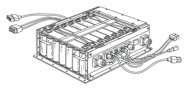 Battery pack showing individual cylindrical cells, internal wiring, and external connectors for electrical power systems and energy storage applications