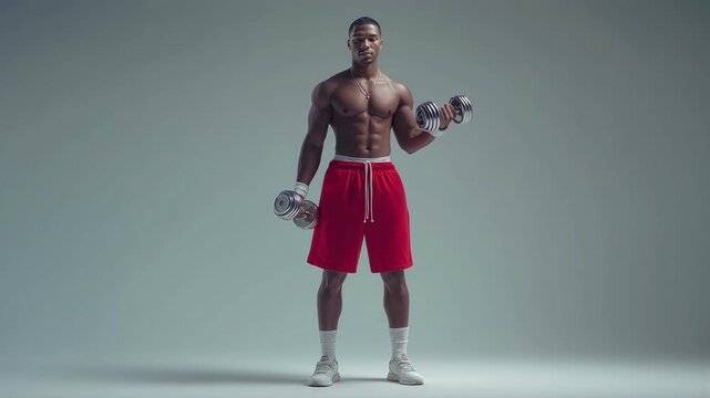 One muscular black man lifting silver dumbbells in studio front view