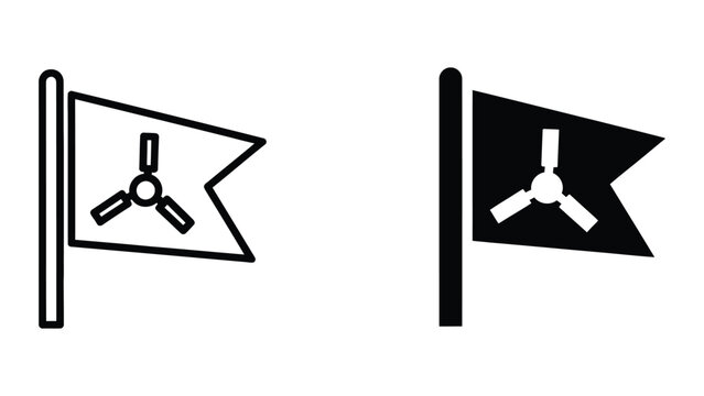 Comparison of a white and black flag with a central symbol resembling a three-pronged tuning fork