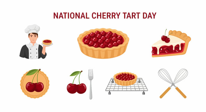Illustrations for National Cherry Tart Day featuring a chef various tarts cherries kitchen tools and a slice