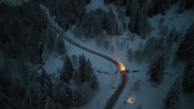 macchina fari notte strada montagna neve 