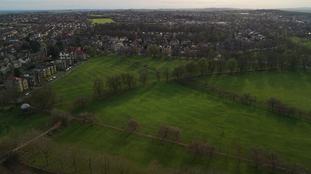 Aerial of Iconic parkland field area called The Stray in the Yorkshire Spa Town of Harrogate