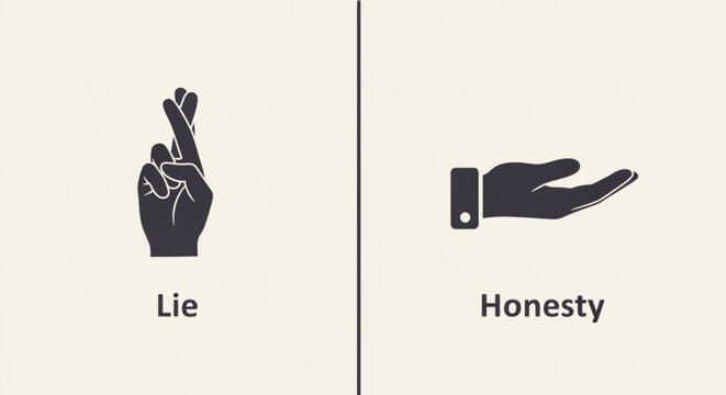 Contrasting hand gestures for dishonesty versus truthfulness in a split screen