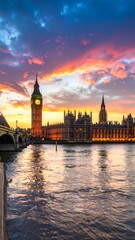 Fototapeta premium A vibrant sunset over a river with a clock tower