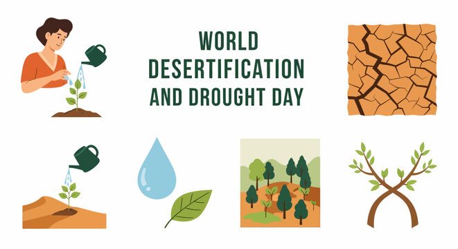 World Desertification and Drought Day icons including tree planting water droplets cracked earth and reforestation