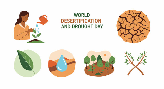 World Desertification and Drought Day illustration with icons of a woman watering plants cracked earth and forests
