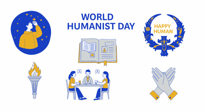 World Humanist Day poster with symbols of a torch open book crossed hands and people engaged in dialogue