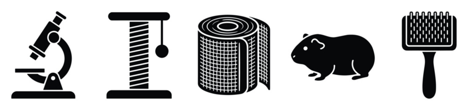 Essential black glyph icons featuring a laboratory microscope, cat scratching post, rolled mesh, guinea pig, and pet brush, suitable for educational, veterinary, or retail product