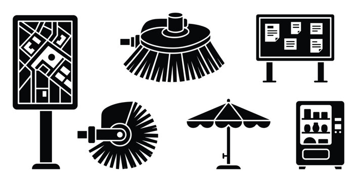 Diverse collection of city services and urban amenity icons featuring street maps sweeping brushes public notice boards outdoor parasols and vending machines ideal for various graphic