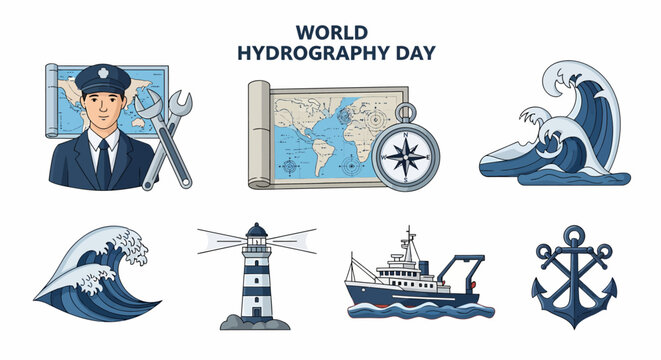 World Hydrography Day illustration with a sailor nautical maps compass lighthouse ship anchor and ocean waves